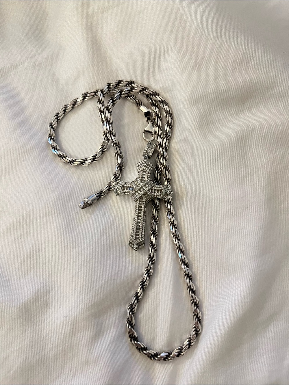 Silver Rope Chain Necklace with Pave Cross Pendant 22 inches